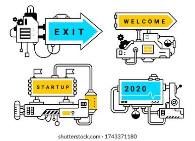Conjunto vectorial de ilustración industrial de mecanismo complicado con placa de flecha de color y palabra sobre fondo blanco. Diseño de estilo de arte de línea para web, sitio, banner, impresión