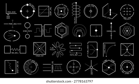 Vector set of industrial micrographics blueprint and technical measurement analysis symbols isolated on black background