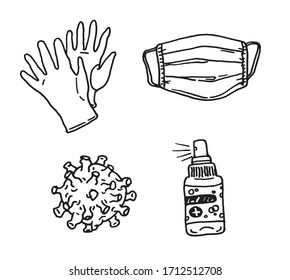 Infektionsschutzset der Vektorillustration gegen Coronavirus, Handschuhe, ärztliche Maske, Handsanitizer-Gel, Spray. Der Coronavirus-Schutztrend ist COVID-19.