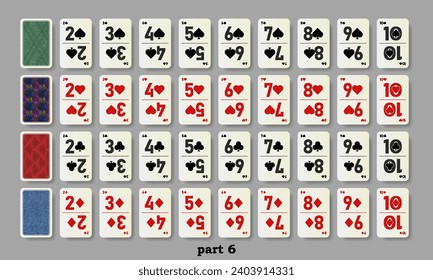 Vector set of inferior playing cards. Suits from 2 to 10 of spades, hearts, clubs and diamonds. A collection of reverse side. Not a full deck. Part 6.