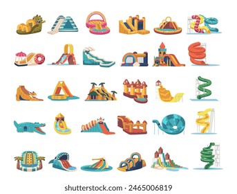 Vector Set Of Inflatable Slides And Pool Sets For Children, Variety Of Colorful Designs From Animal-themed Slides To Castles