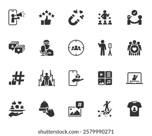 Vector set of influencer flat icons. Contains icons self-promotion, reputation, promotion, celebrity, personal branding, content, follower, social media marketing and more. Pixel perfect.