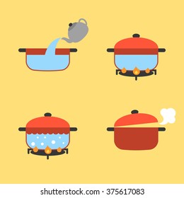 Vector Set Of Info Graphic Boiling Water In Pot On Fire, Flat Design