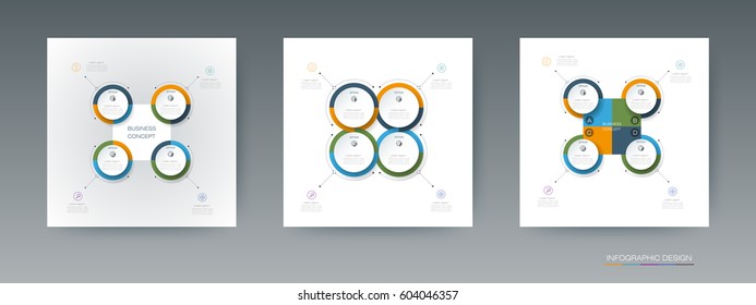 Vector set of Infographic 3D circle label design with arrows sign and 4 options or steps. For business, infograph template, process infographics, diagram chart, flowchart, processes diagram, time line