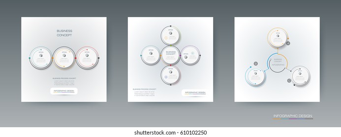 Vector set of Infographic 3D circle label design with arrows sign and options or steps. For business, infograph template, process infographics, diagram chart, flowchart, processes diagram, time line