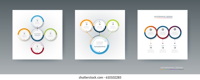 Vector set of Infographic 3D circle label design with arrows sign and 4 options or steps. For business, infograph template, process infographics, diagram chart, flowchart, processes diagram, time line