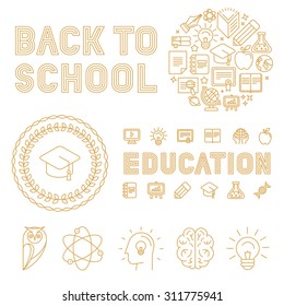 Vector set of infographic design elements, badges and icons in trendy linear style related to school, education, university and knowledge - sign and hand-lettering text