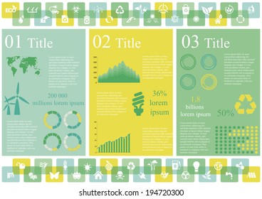 Vector set of infographic elements, including 49 icons, world map, 5 types of diagram concerning to ecology and sustainable development themes