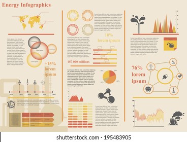 Vector set of infographic elements, including 15 icons, world map, 8 types of diagram concerning to energetics themes