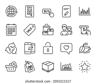 Vector set of Infographic graph, Coupons and Edit document line icons set. Recycle, Shopping and Mint tea icons. Sale ticket, Phone communication and Coffee vending signs. Vector