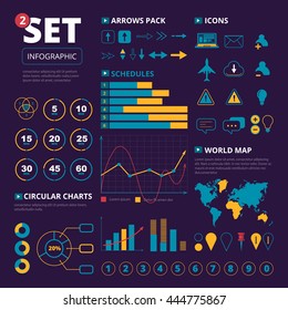 Vector set of infographics elements. Graphis, charts and thematic icons pack. illustration isolate on dark background