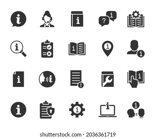 Conjunto vectorial de iconos planos de información. Contiene instrucciones de iconos, directiva de privacidad, centro de información, manual, regla, guía, referencia, ayuda y más. Pixel perfecto.