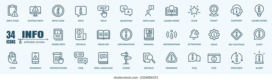 Conjunto de vectores de iconos de línea de información. Contiene instrucciones de iconos, directiva de privacidad, centro de información, manual, regla, guía, referencia, ayuda y más. Pixel perfecto.