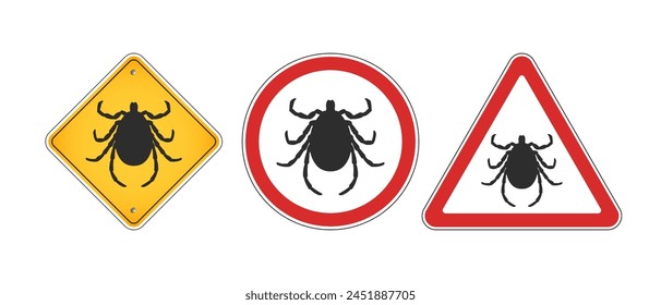 Vector set of information and warning signs. Black silhouette of a tick. Circle, triangle and rhombus. Collection of road signs. White isolated background.