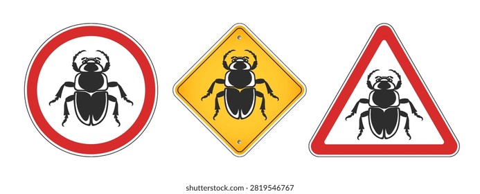 Vector set of information and warning signs. Black silhouette of scarab beetle. Circle, triangle and rhombus. Collection of road signs. Insect. Important Egyptian sacred symbol. Isolated background