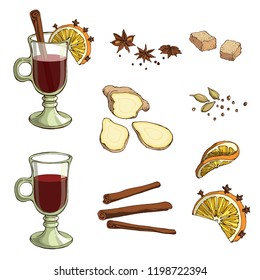 Vector set of ingredients for mulled wine: cinnamon. cardamom. ginger,orange, brown sugar.  And two glasses of red mulled wine. Isolated on white elements for food , wintwer or christmas design.