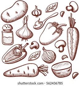 Vector set of ingredients for mushroom soup in vintage style. Hand drawn hatched  vegetarian food illustration. Vegetables, mushrooms, salt and a spoon with sauce on a white background