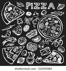 Vector set of ingredients for pizza. Sketch on a black background.