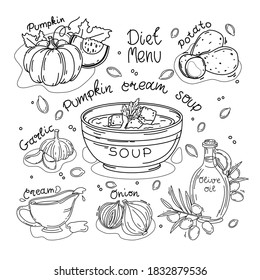 Vector set of ingredients for pumpkin cream soup. Outline. Coloring book. Isolated background.