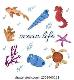 Vector set of inhabitants of the ocean and objects of the underwater world in cartoon style. Illustration of Turtles, Fish and corals with Shells. The concept of Summer holidays.