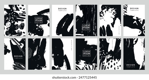 Vector set of ink brush backgrounds, abstract stroke grunge design, modern cards, black and white borders. Splash style, creative posters.