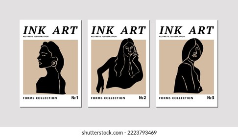 Conjunto de vectores de afiches de arte contemporáneo de tinta con silueta de forma corporal femenina