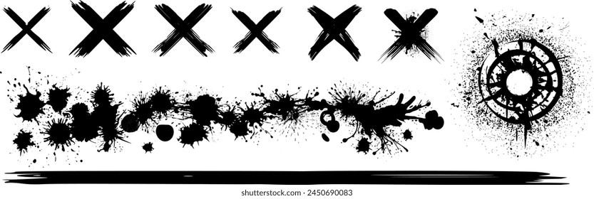 Vector set ink design elements - brush strokes brush strokes with blobs and X - color blobs color black and isolated - worn effect