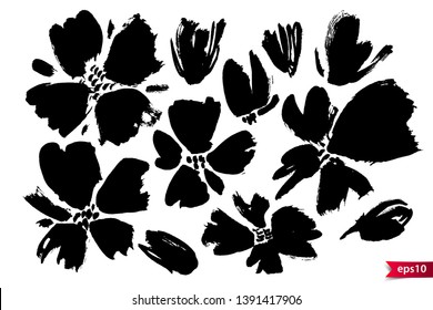 Vector set of ink drawing flowers, monochrome artistic botanical illustration, isolated floral elements, hand drawn illustration. Floral elements in monochrome rough strokes.