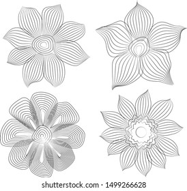 Vector set of ink drawing flowers, monochrome artistic botanical illustration, isolated floral elements, hand drawn illustration. - Vector