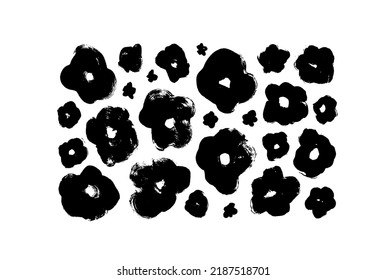 Vector set ink drawing flowers silhouettes  Monochrome artistic botanical illustration and chamomiles  peony  anemones   poppies  Sketch floral botany collection and black bold brush strokes 