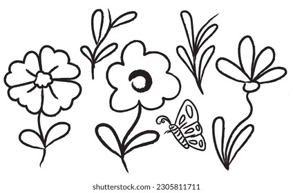 Vector set of ink drawing flowers.
