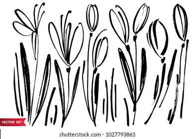 Ensemble d'images vectorielles de gouttes de neige dessinées à l'encre, herbes et fleurs, illustration botanique artistique monochrome, éléments floral isolés, illustration dessinée à la main.