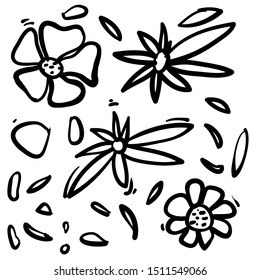 Vector set of ink drawing wild plants, herbs and flowers handdrawn style