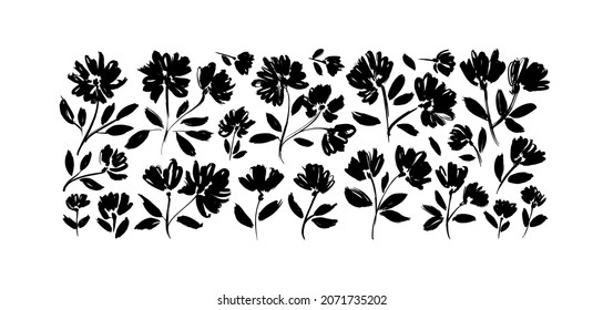 Vector set of ink drawing wild plants, simple small herbs and flowers. Grunge style brush painting black blossom silhouettes. Chamomile, daisy, aster, chrysanthemum. Black brush flowers and plants