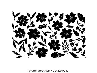 Vector set of ink drawing wild plants, flowers and herbs. Monochrome artistic botanical illustration isolated on white background. Set of hand drawn illustrations, cliparts. Sunflowers silhouettes