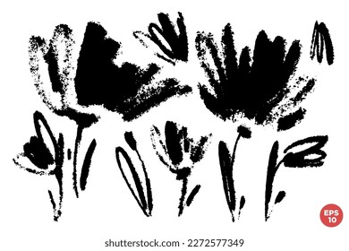 Vector set of ink drawing wild flowers, monochrome artistic botanical illustration, isolated floral elements, hand drawn illustration.