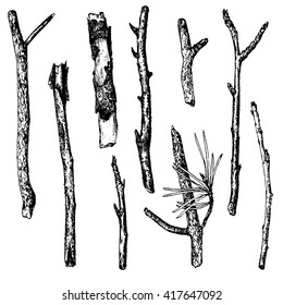 conjunto vetorial de galhos de madeira desenho de tinta, objetos de natureza isolados, galhos de árvores, varas, ilustração desenhada à mão