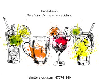 Vector set of ink drawn Alcohol Cocktails with watercolor blots background. Hand drawn illustration in sketch style for menu, print. Mojito, Mulled Wine, Beer and Long Island.