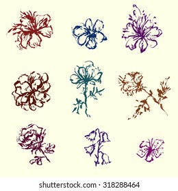 Vector set with ink drawn flowers. 