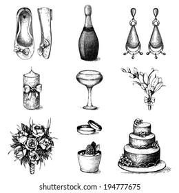 Vector set of ink hand drawn wedding illustration. Vintage wedding collection isolated on white