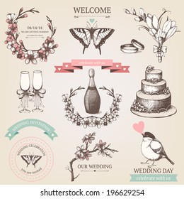 Vector set of ink hand drawn wedding illustration. Vintage wedding collection with hand drawn blooming fruit tree twigs.