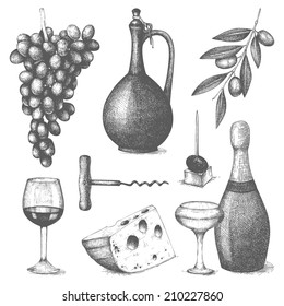 Vector set of  ink hand drawn wine and food  illustration isolated on white background for menu or restaurant design.