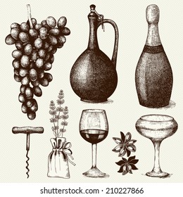 Vector Set Of  Ink Hand Drawn Wine Illustration Isolated On Vintage  Background For Menu Or Restaurant Design.