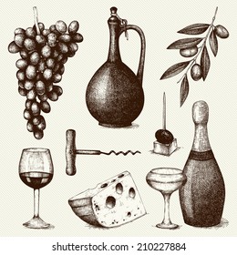 Vector set of  ink hand drawn wine and food  illustration isolated on vintage background for menu or restaurant design.