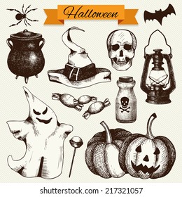 Vector set of ink hand drawn halloween illustration. Vintage sketch collection for halloween design isolated on retro background.