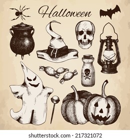 Vector set of ink hand drawn halloween illustration. Vintage sketch collection for halloween design isolated on aged background.