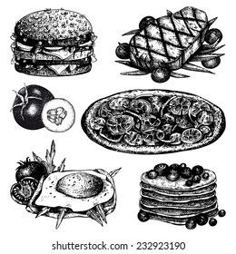 Vector set of ink hand drawn food illustration isolated on white for restaurant or cafe menu.