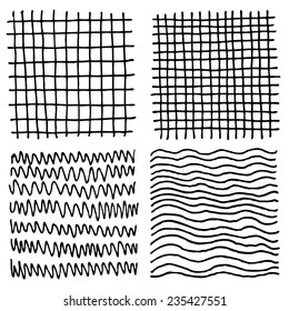 Vector set of ink hand drawn textures. Strokes, hatching, zigzag lines, waves drawn with pen. Abstract background. Vector design elements