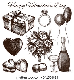 Vector set of ink hand drawn valentine's day illustration. Vintage valentine's day collection isolated on white