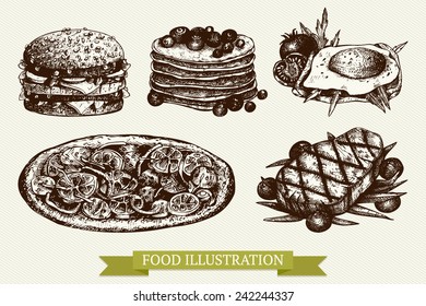 Vector set of ink hand drawn food illustration  for restaurant or cafe menu. Vintage food sketch.